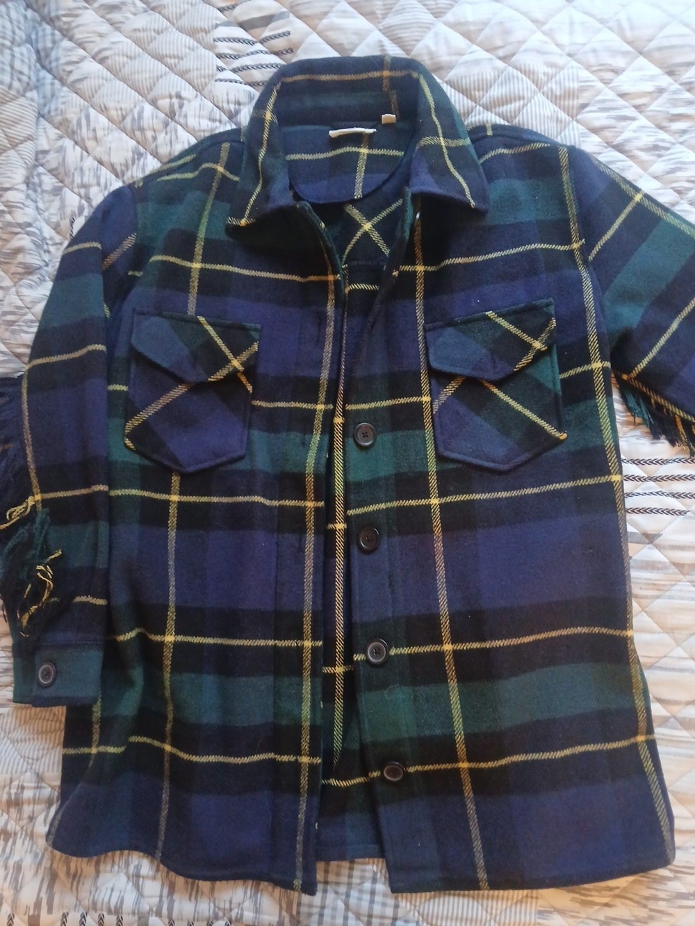 Retro'd Navy Blue and Green Plaid Button Jacket Size L/XL